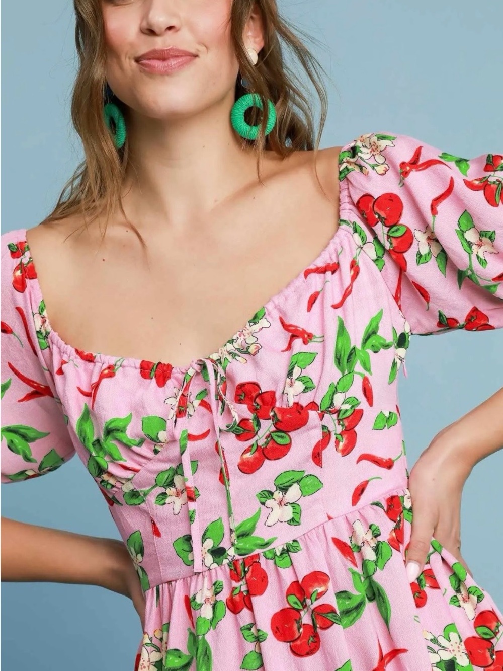 Umgee Pink Midi Dress with Red and Green Peppers - Picture 5 of 10